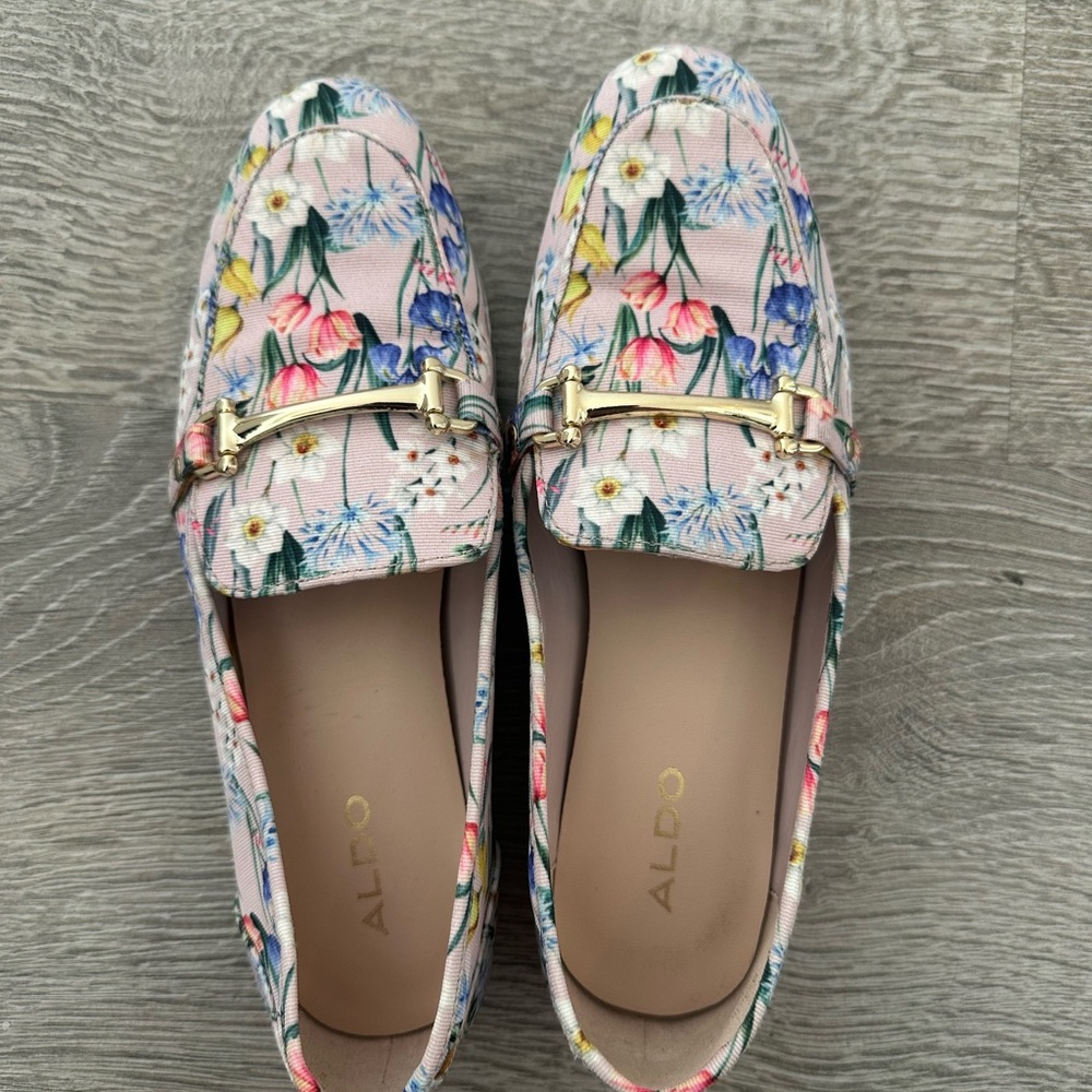 ALDO Pink Floral Loafers with Gold-Tone Bit